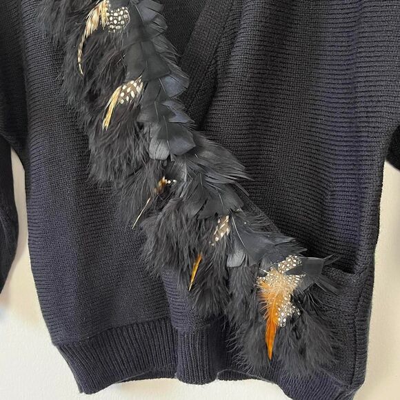 80s Vintage Feather Trim Black Wrap Sweater Dolman Sleeve Large - Picture 3 of 7